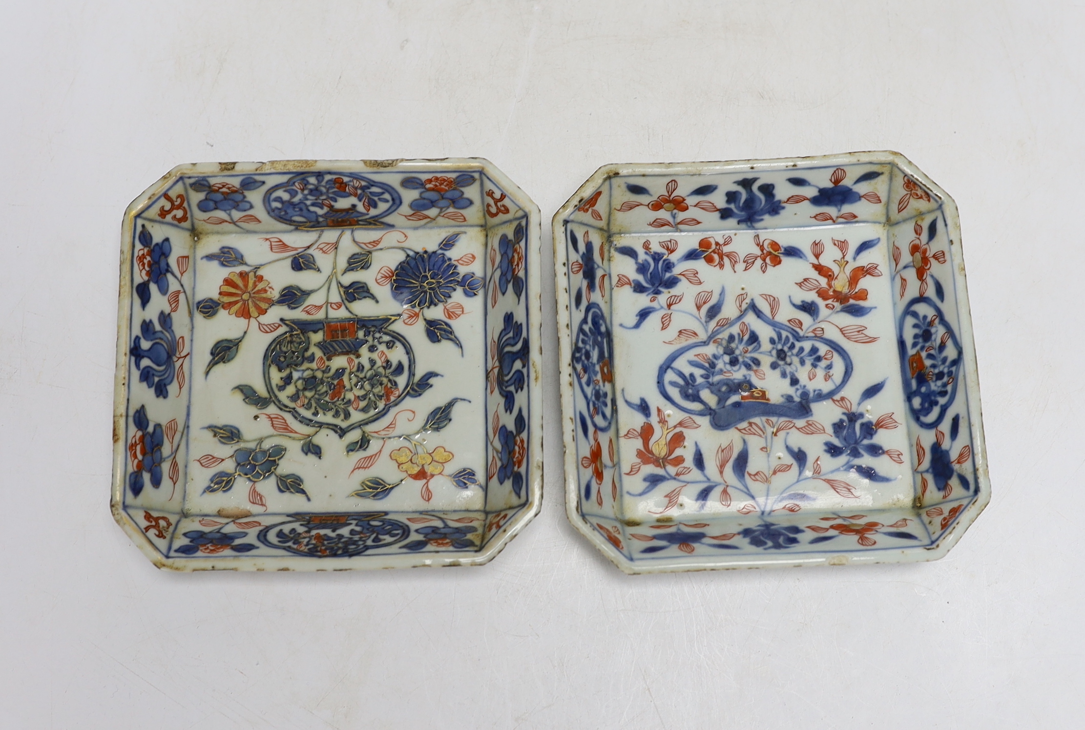 Two Chinese Imari square dishes, Kangxi, 15cm wide, two Chinese enamelled ginger jars and a teapot